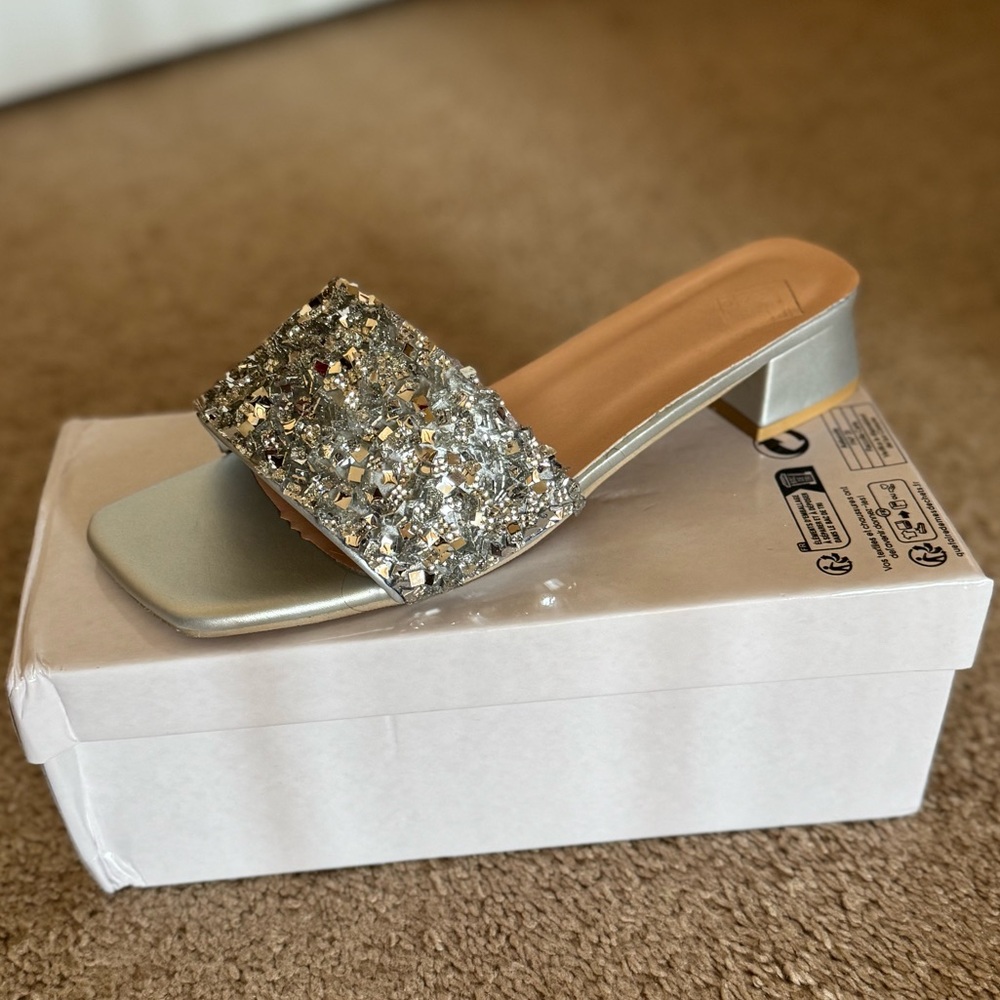 SHEIN Silver Glitter Block Heel Sandals